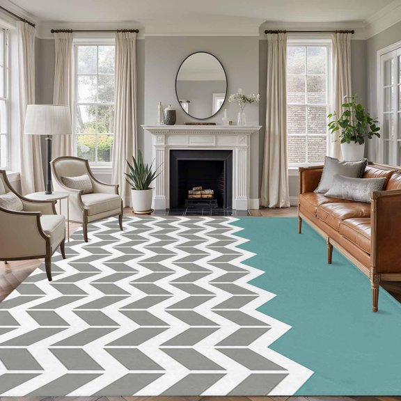 5x7 Washable Area Rug, Teal Grey Non-Slip Large Rectangle Rug for Living Room Bedroom, Herringbone Indoor Floor Mat for Home Decor