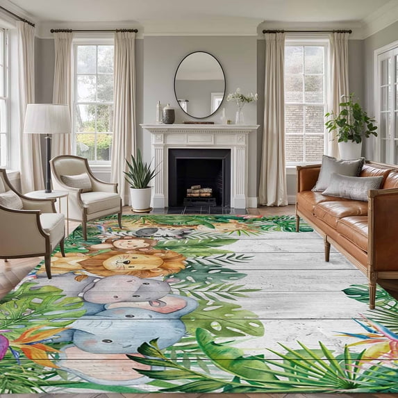 5x7 Washable Area Rug, Tropical Botanical Non-Slip Large Rectangle Rug for Living Room Bedroom, Cute Zebra Lion Monkey Cartoon Elephant Wood Grain Indoor Floor Mat for Home Decor