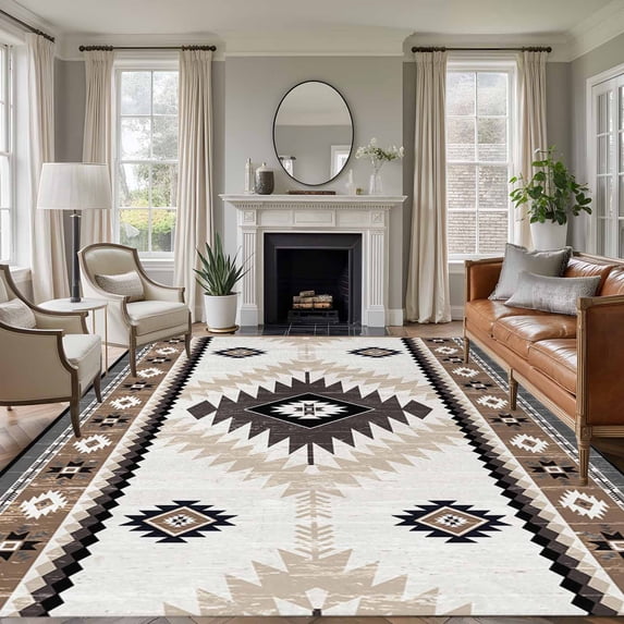 5x7 Washable Area Rug, Vintage Aztec Non-Slip Large Rectangle Rug for Living Room Bedroom, Ethnic Tribal Style Brown Mottled Geometric Indoor Floor Mat for Home Decor