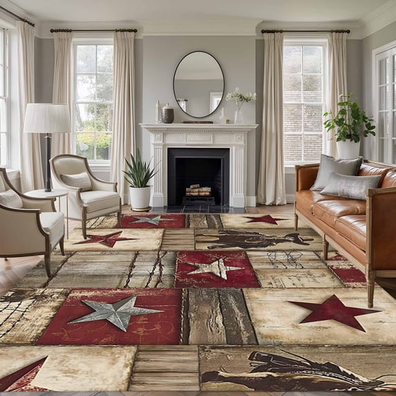 5x7 Washable Area Rug, Western Red Non-Slip Large Rectangle Rug for Living Room Bedroom, Brown Texas Star Wood Grain Distressed Patchwork Indoor Floor Mat for Home Decor