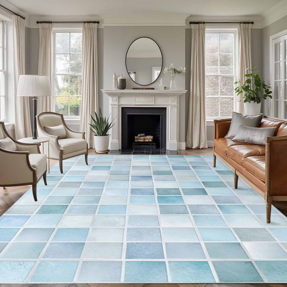 5x7 Washable Area Rug, White Blue Color Block Non-Slip Large Rectangle Rug for Living Room Bedroom, Summer Watercolor Square Ocean Indoor Floor Mat for Home Decor