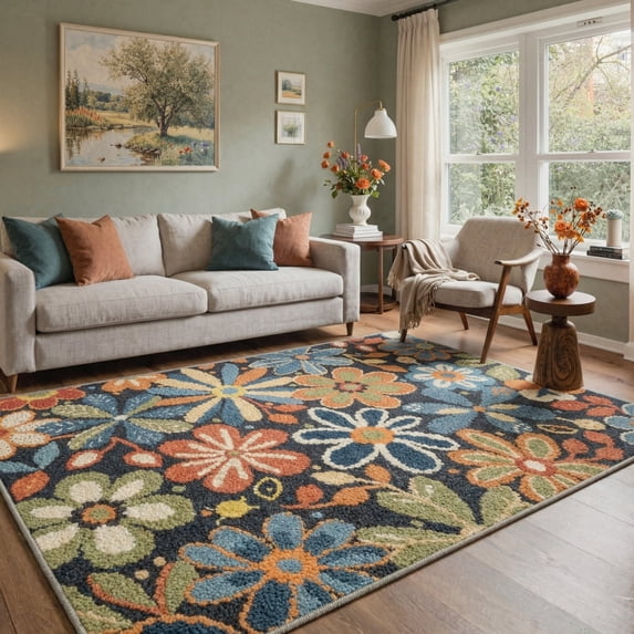 DEORAB Floral 5x7 Living Room Area Rug, Soft Washable Rugs for Bedroom, Non Slip Ultra Thin Non Slip Rug Botanical Stain Resistant Floor Carpet for Dining Room Home Office, Blue