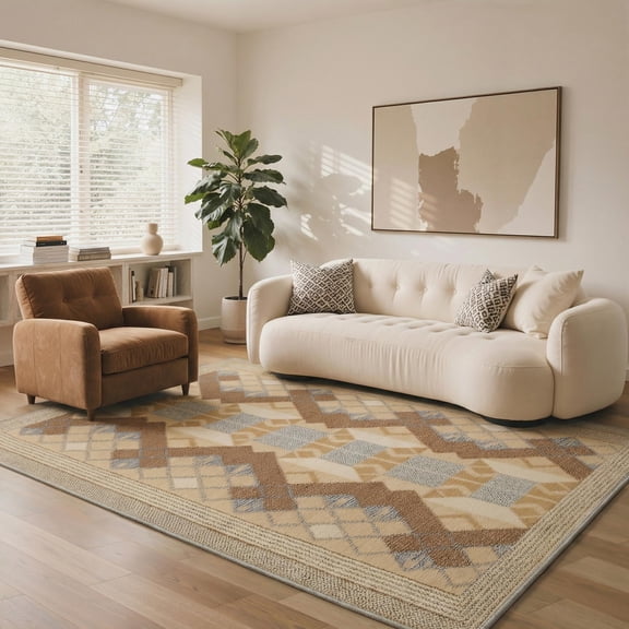 5x7 Washable Area Rugs with Non Slip Backing, Low Pile Lightweight Print Pattern Rugs for Living Room and Bedroom, Machine Washable Indoor Floor Rug Diamond Beige Brown