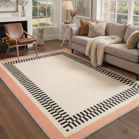 5x7 Washable Area Rugs with Non Slip Backing, Low Pile Lightweight Print Pattern Rugs for Living Room, Bedroom, Modern Farmhouse Decor Dash Border Blush Peach
