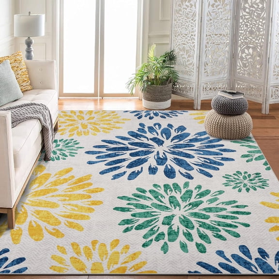 5x7 Washable Area Rugs Non-Slip Modern Floral Indoor Rug Non-Shedding Soft Low Pile Carpet for Living Room Bedroom Home Office Yellow