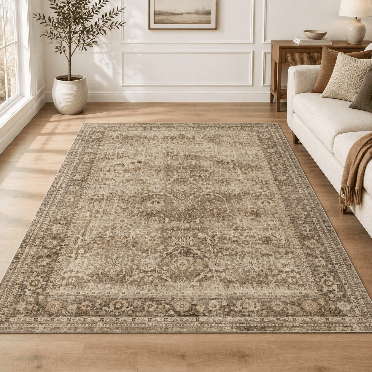 Neutral Fun Rug 5x7 Washable Brown Neutral Vintretro Area Rug For Living Room - Walmart.com