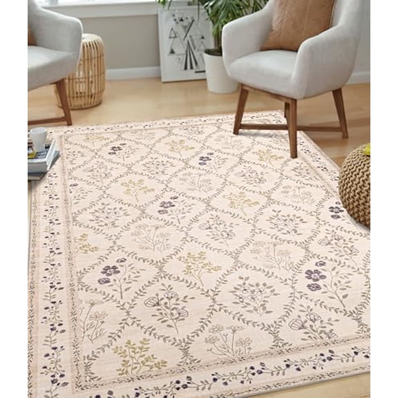 5x7 Washable Rug for Bedroom, Beige Floral Rugs for Living Room Non Slip Ultra-Thin Large Boho Rug for Kids Playroom, Classroom, Girls Dorm, Nursery, Beige Multi