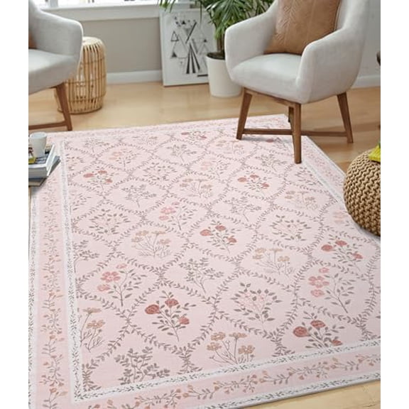 5x7 Washable Rug for Bedroom, Pink Floral Rugs for Living Room Non Slip Ultra-Thin Large Boho Rug for Kids Playroom, Classroom, Girls Dorm, Nursery, Pink Multi