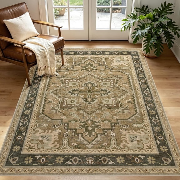 5x7 Washable Rug for Living Room, Boho Brown Rugs for Bedroom Aesthetic Non Slip, Distressed Medallion Indoor Floor Carpet Runner for Dining Room Office Guest Room