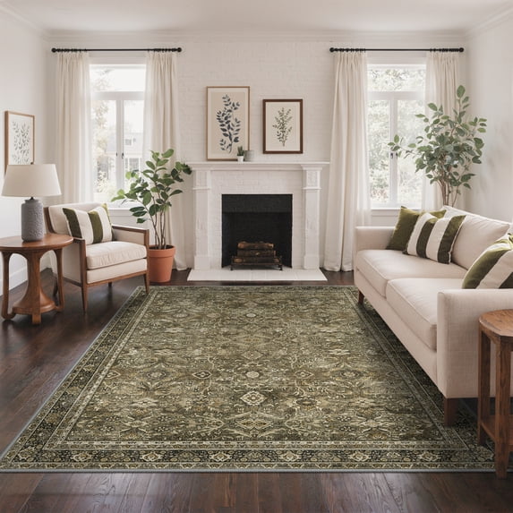 DEORAB 5x7 Area Rugs Boho Print Pattern Olive Low Pile Lightweight Indoor Washable Non Slip Rug for Living Room, Bedroom