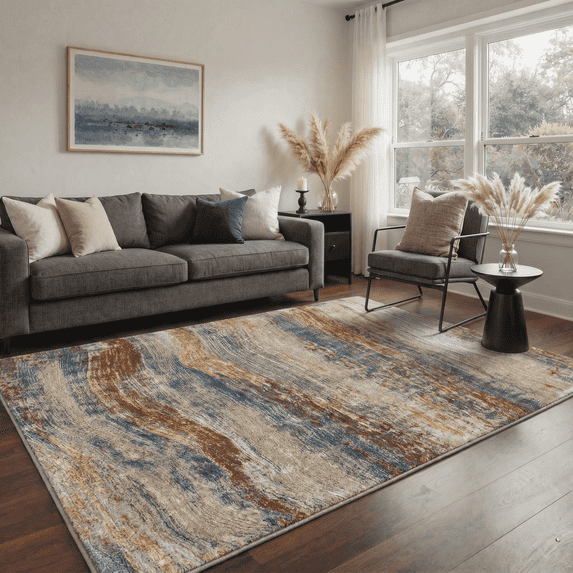 5x7 Washable Rug Non Slip Backing Low Pile Lightweight Print Pattern for Bedroom and Living Room, Machine Washable Indoor Area Rugs Horizon Lines Dusty Beige