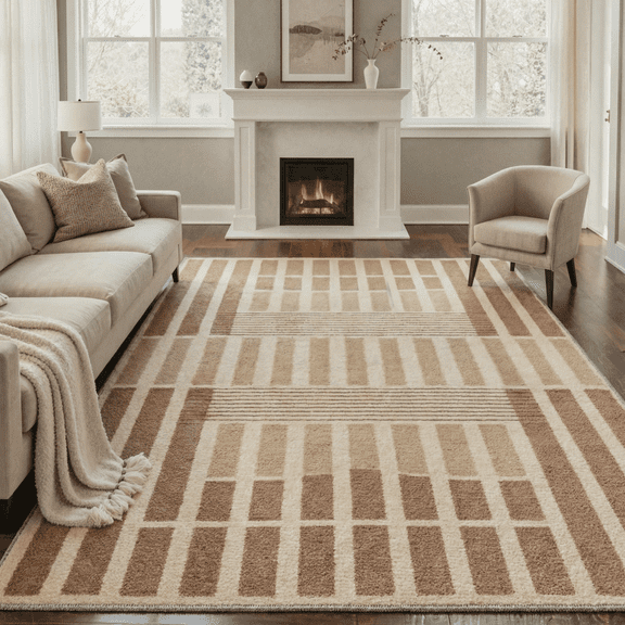 5x7 Washable Rug, Non Slip Low Pile Area Rugs for Living Room Bedroom, Lightweight Indoor Modern Farmhouse Floor Rug with Stripes Print Pattern, Cocoa Beige