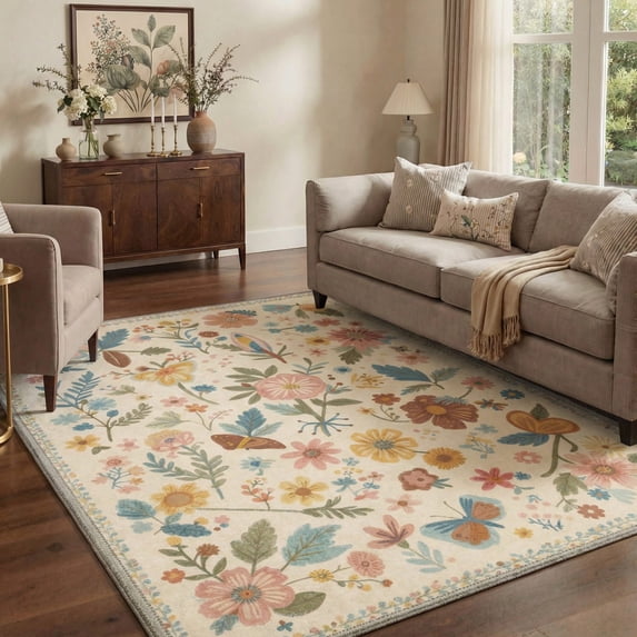 5x7 Washable Rug Non Slip Low Pile Lightweight Area Rugs for Living Room Bedroom, Indoor Print Pattern Modern Farmhouse Decor, Wild Floral Dusty Blush