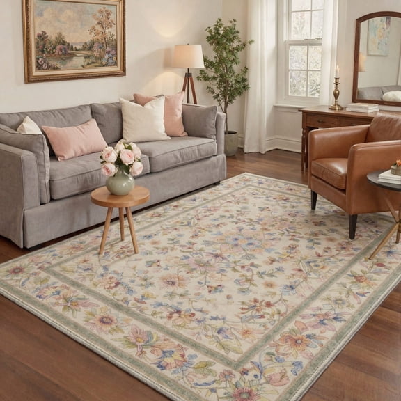 5x7 Washable Rug Non Slip Low Pile Lightweight Indoor Area Rugs for Living Room Bedroom, Floral Vines Print Pattern Machine Washable Floor Rug, Dusty Blush