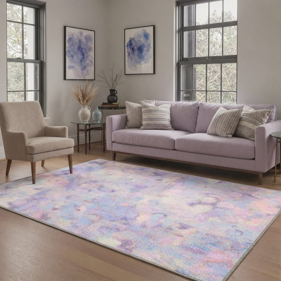 5x7 Washable Rug Non Slip Low Pile Lightweight Print Pattern Area Rugs for Living Room Bedroom Indoor Use Bubbles Misty Lavender
