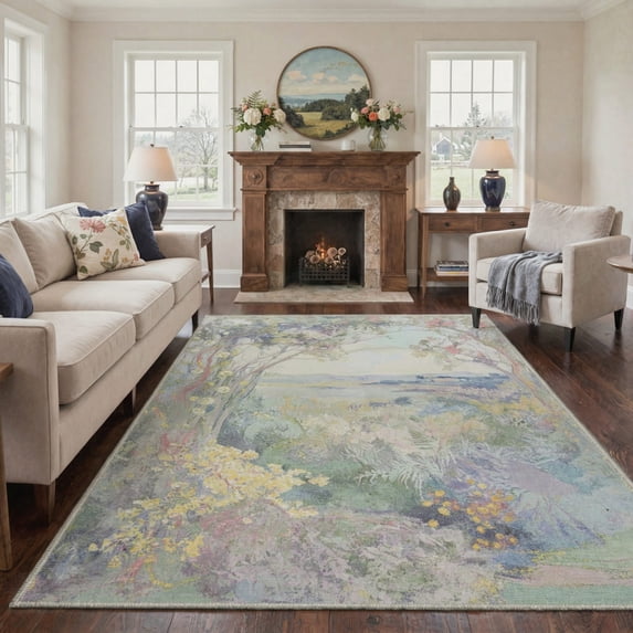 5x7 Washable Rugs for Living Room and Bedroom, Machine Washable Non Slip Low Pile Lightweight Print Pattern Area Rug, Indoor Farmhouse Decor for Coastal Garden Style, Misty Sage