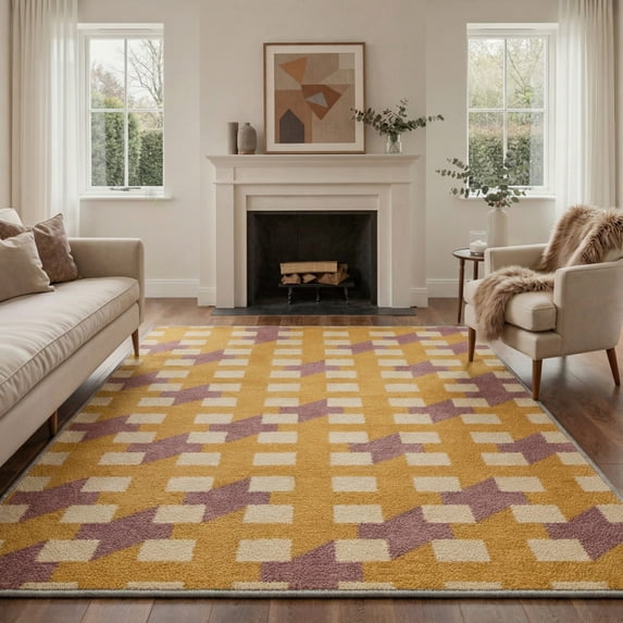 5x7 Washable Rugs for Living Room and Bedroom, Machine Washable Non Slip Low Pile Rug, Lightweight Indoor Area Rug with Houndstooth Print Pattern, Mustard Gold