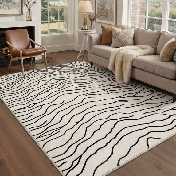 5x7 Washable Rugs for Living Room and Bedroom, Non Slip Backing Low Pile Lightweight Indoor Area Rug, Modern Farmhouse Decor with Wavy Lines Print Pattern, Oatmeal