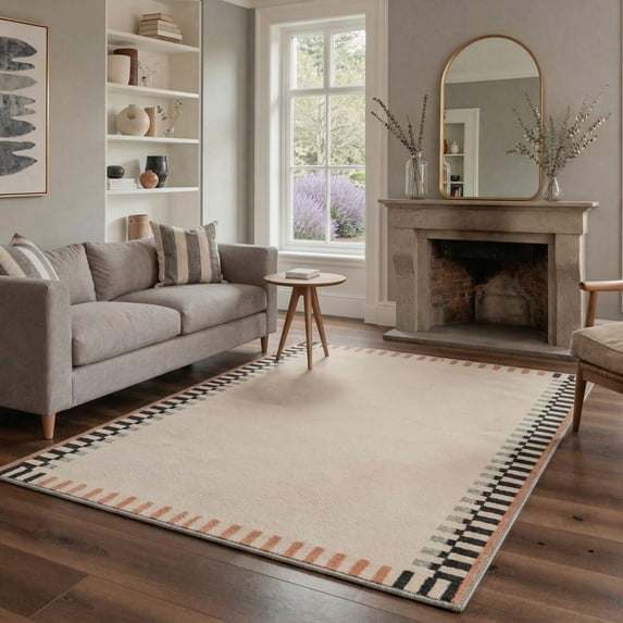 5x7 Washable Rugs for Living Room Non Slip Backing Low Pile Lightweight Area Rugs for Bedroom, Modern Farmhouse Decor with Striped Border, Cream Beige