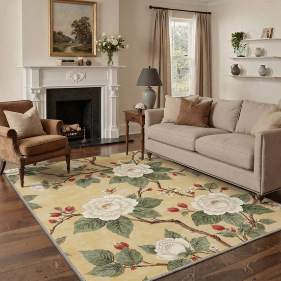 5x7 Washable Rugs for Living Room, Non Slip Low Pile Area Rugs with Floral Print Pattern, Light Weight Indoor Throw Rug for Bedroom Floor Decor, Peony Blossom, Butter Cream