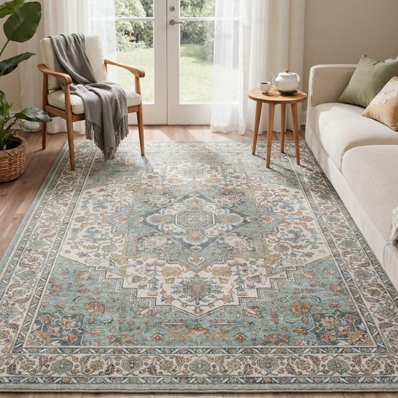 5x7 Washable Rugs Non Slip Low Pile Lightweight Area Rugs, Medallion Pattern Print Rugs for Living Room Bedroom Dining Room, Indoor Modern Floor Rug Sky Blue
