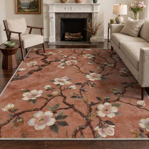 5x7 Washable Rugs Non Slip Low Pile Lightweight Print Pattern Area Rug for Living Room Bedroom, Machine Washable Indoor Throw Rug Blossom Branch, Terracotta
