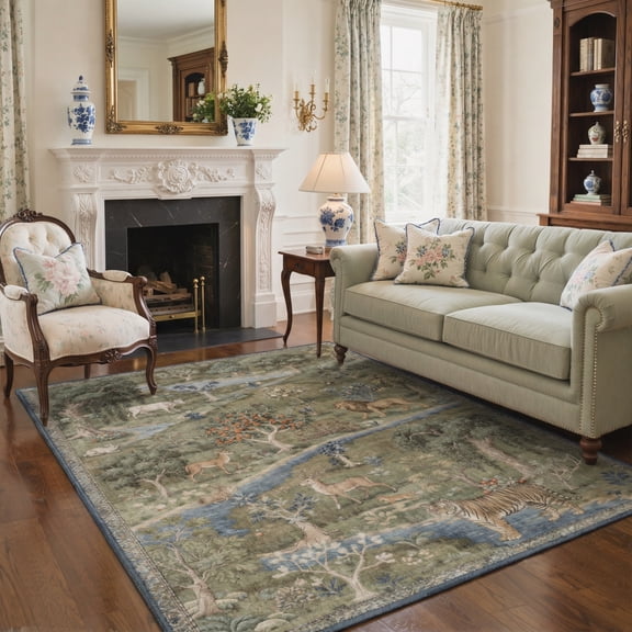 5x7 Washable Rugs for Living Room Non Slip Backing Low Pile Lightweight Print Pattern Area Rug for Bedroom Indoor Floor Mat Forest Greenery