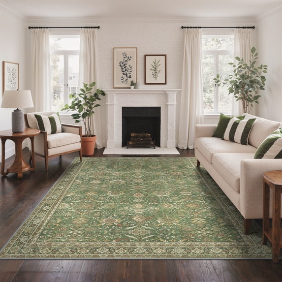 DEORAB 5x7 Area Rugs Persian Olive Green Low Pile Lightweight Machine Washable Non Slip Indoor Rug for Living Room, Bedroom