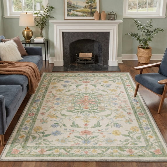 5x7 Washable Rugs for Living Room, Non Slip Low Pile Area Rugs, Lightweight Machine Washable Print Pattern Rug for Bedroom, Floral Vines, Sage Cream