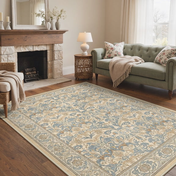 DEORAB 5x7 Area Rugs Persian Vines Dusty Blue Low Pile Lightweight Washable Non Slip Rug for Living Room, Bedroom