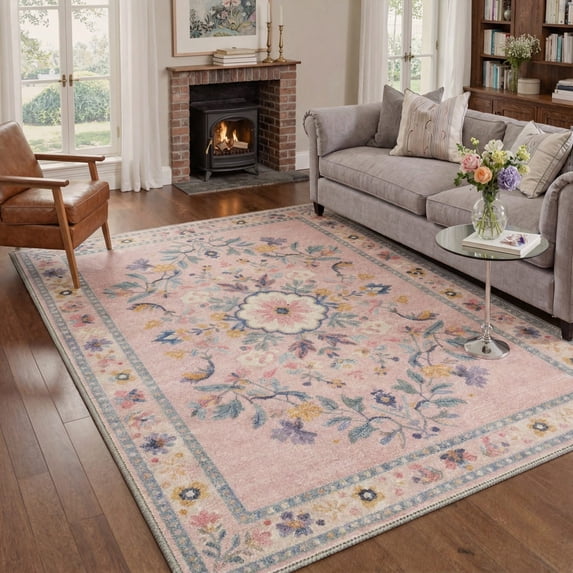 5x7 Washable Rugs for Living Room Non Slip Low Pile Lightweight Indoor Vintage Floral Print Pattern Area Rugs for Bedroom, Dusty Blush