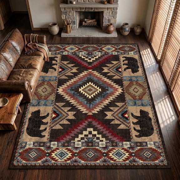 CHAKME 5x7 Washable Southwestern Area Rug, Rustic Cabin Geometric Bear Carpet, Soft Non-Slip Foldable Floor Mat for Living Room Bedroom, Dark Charcoal & Burgundy Red