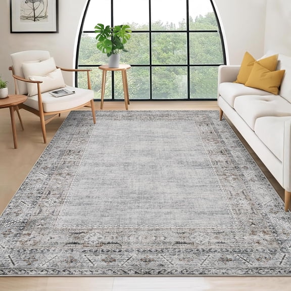 5x7 Washable Vintage Border Rug, Stain-Resistant, Non-Slip Boho Throw Carpet for Living Room, Dining Room, Bedroom, Kitchen, Home Decor, Grey.
