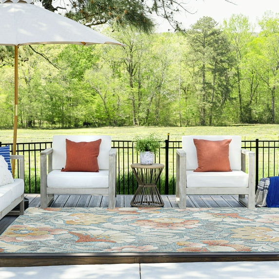 5x7 Water Resistant, Indoor Outdoor Rugs for Patios, Front Door Entry, Entryway, Deck, Porch, Balcony | Outside Area Rug for Patio | Aqua, Floral | Size: 5'1'' x 7'3''