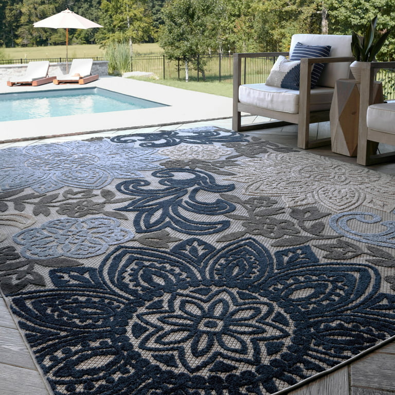 5x7 Water Resistant, Indoor Outdoor Rugs for Patios, Front Door Entry,  Entryway, Deck, Porch, Balcony, Outside Area Rug for Patio, Blue, Floral
