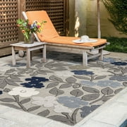 Oasis Modern Floral Blue and Cream Polypropylene Indoor Outdoor Area Rug, 5'x7' Rectangle