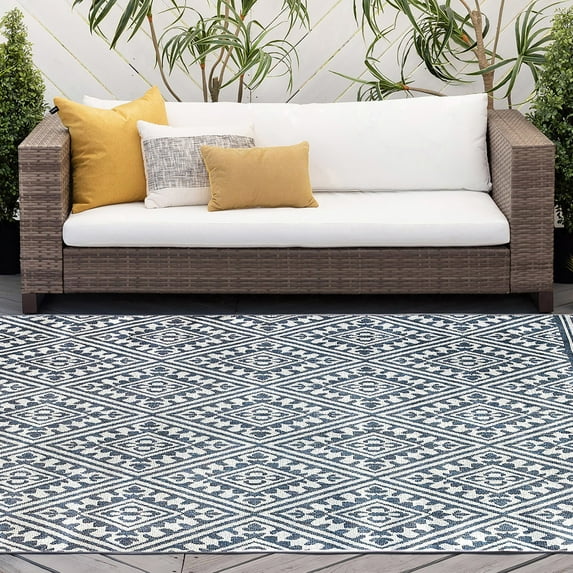 5x7 Water Resistant, Indoor Outdoor Rugs for Patios, Front Door Entry, Entryway, Deck, Porch, Balcony | Outside Area Rug for Patio | Blue, Tribal | Size: 5' x 6'11''