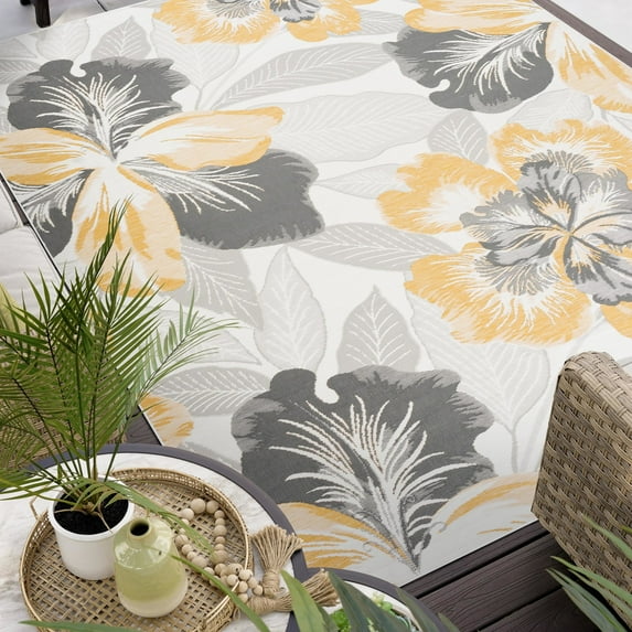 Bliss Rugs Reversible Indoor Outdoor Area Rug Floral for Patio, Porch, Garden | Cream, 5'3'' x 7'3''