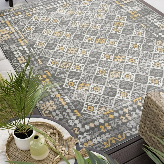 5x7 Water Resistant, Indoor Outdoor Rugs for Patios, Front Door Entry, Entryway, Deck, Porch, Balcony | Outside Area Rug for Patio | Cream, Moroccan | Size: 5'3'' x 7'3''