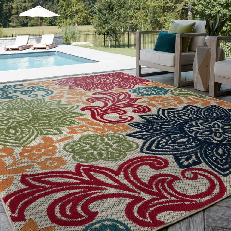 5' x 7' Ivory Orange and Blue Floral Stain Resistant Indoor Outdoor Area Rug 5' x 7' Ivory Orange and Blue Floral Stain Resistant Indoor Outdoor Area Rug