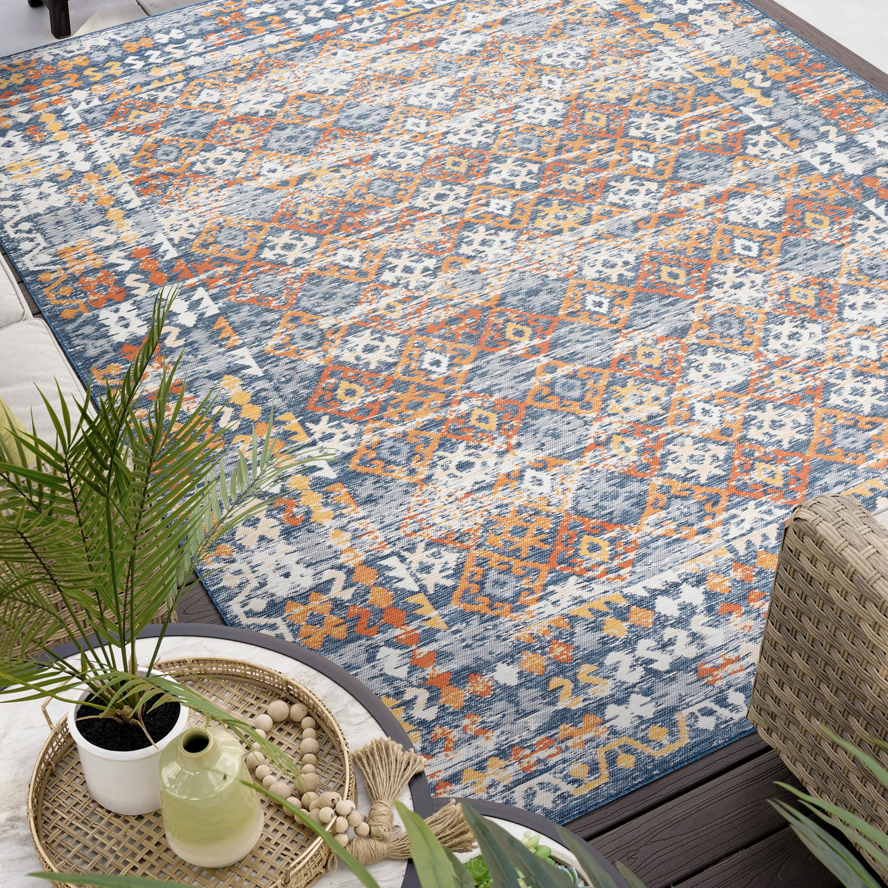 3' X 5' Blue and Orange Moroccan Indoor Outdoor Area Rug 3' X 5' Blue and Orange Moroccan Indoor Outdoor Area Rug
