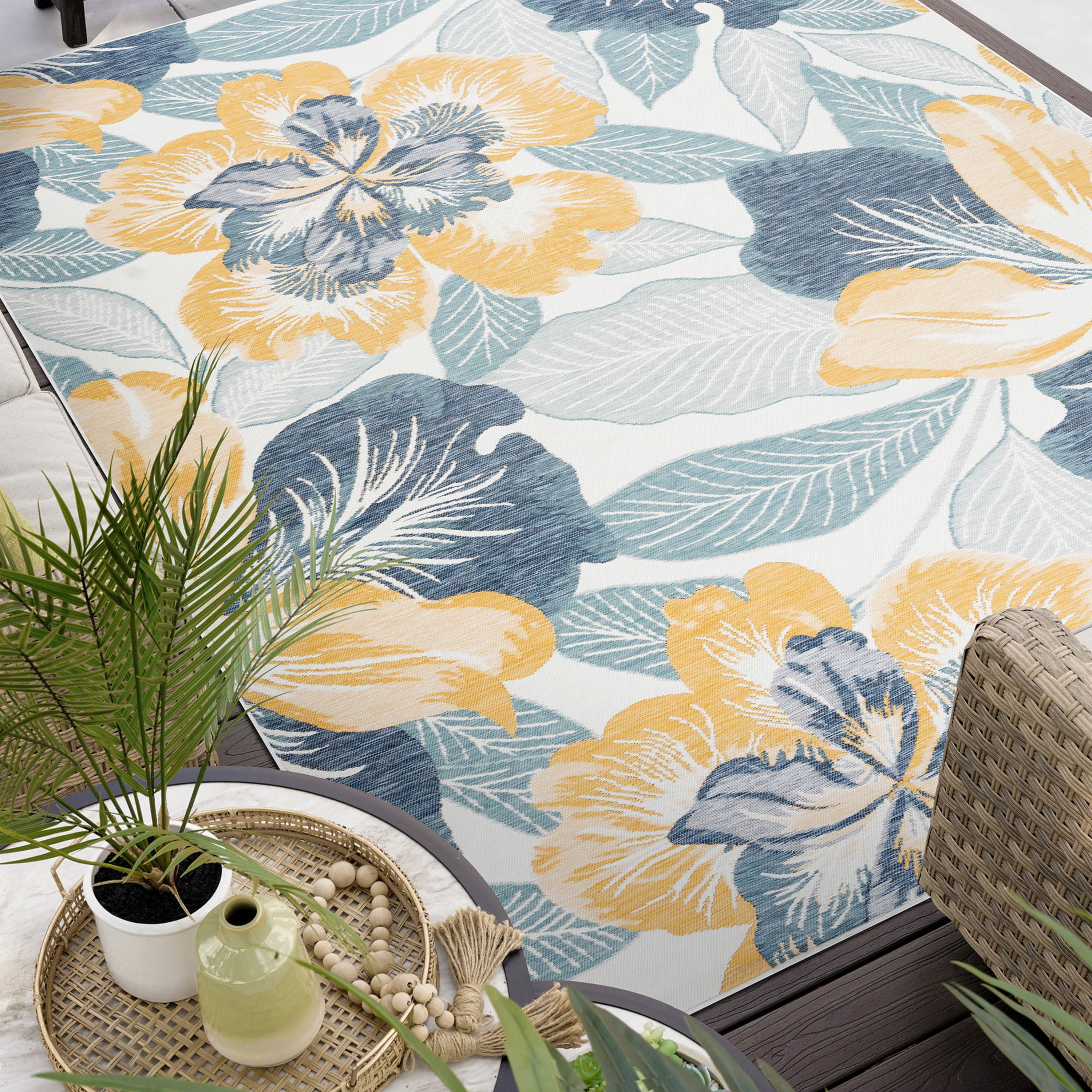 5x7 Water Resistant, Indoor Outdoor Rugs for Patios, Front Door Entry, Entryway, Deck, Porch, Balcony | Outside Area Rug for Patio | Navy, Floral | Size: 5'3'' x 7'3''