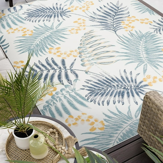 5x7 Water Resistant, Indoor Outdoor Rugs for Patios, Front Door Entry, Entryway, Deck, Porch, Balcony | Outside Area Rug for Patio | Navy, Floral | Size: 5'3'' x 7'3''