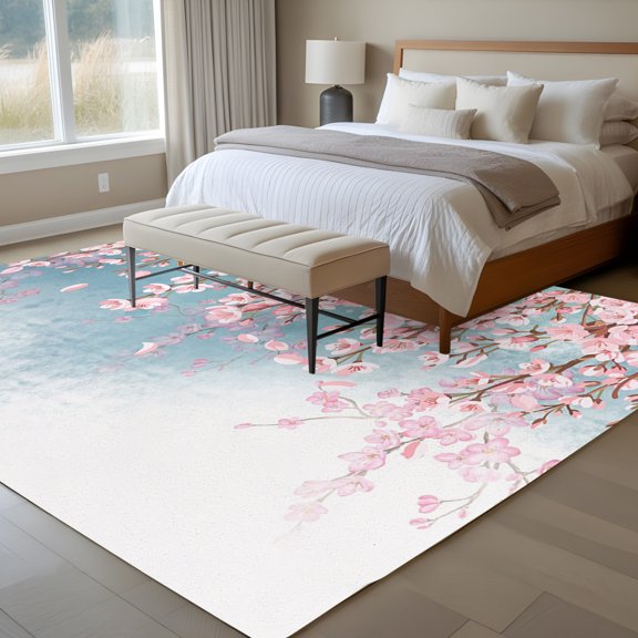 5x7 Watercolor Cherry Blossoms Area Rug for Living Room, Washable Non Slip Low Pile Soft Indoor Rug for Bedroom Dining Room, Pink Flower Standard Room Rug