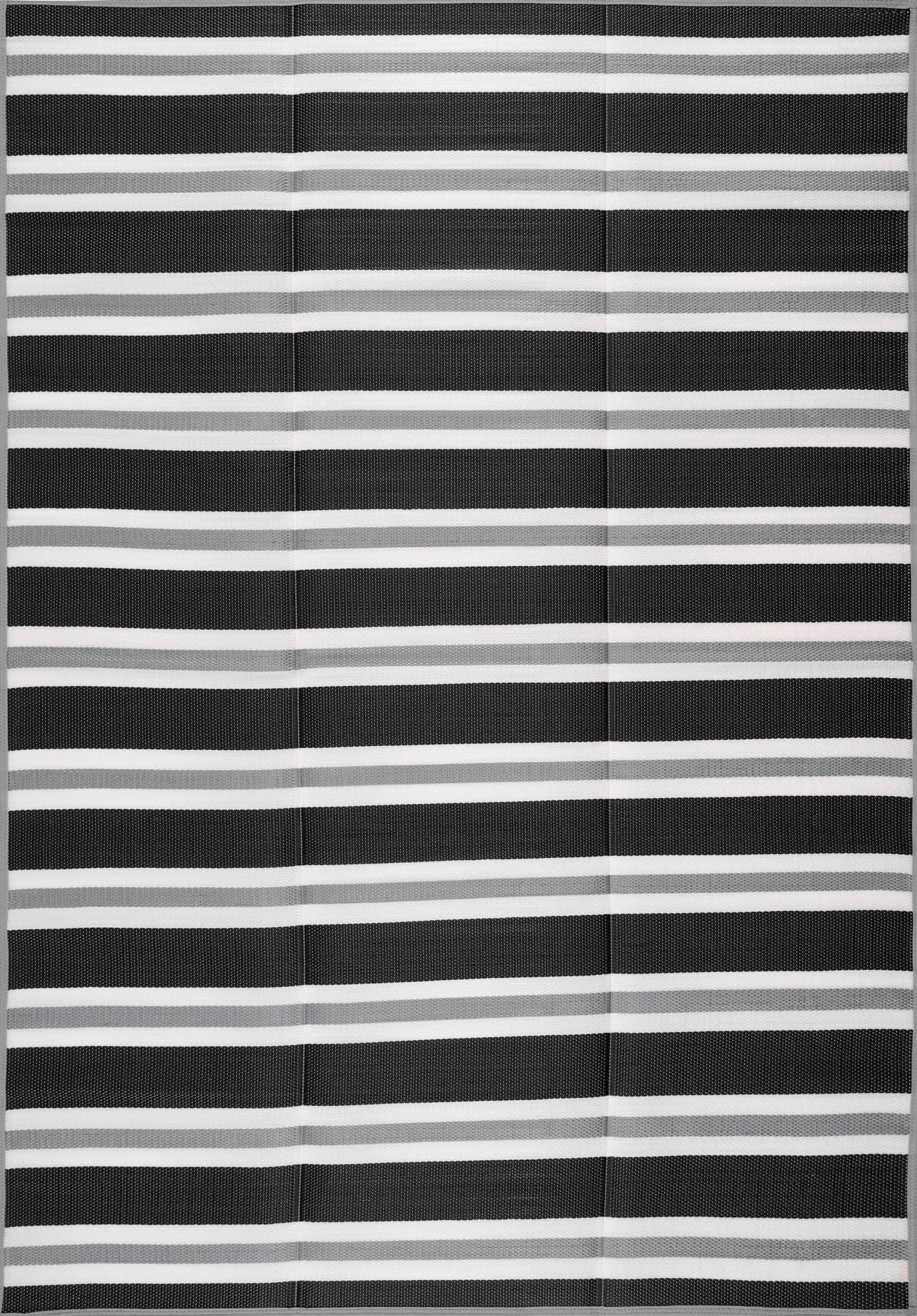 Luna Contemporary Stripe Black and Gray Polypropylene Reversible Plastic Straw Outdoor Area Rug, 5' x 6'11'' Rectangle