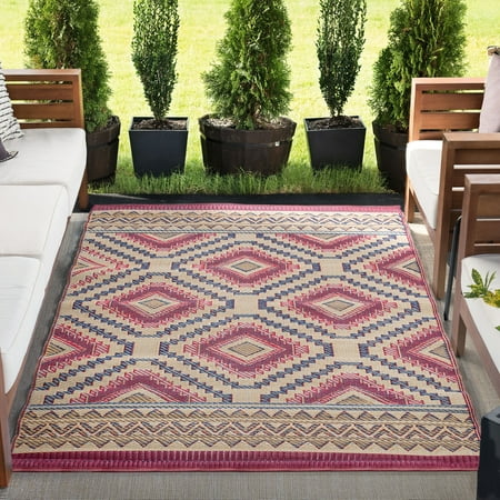 5x7 Reversible Burgundy and Cream Polypropylene Outdoor Geometric Area Rug