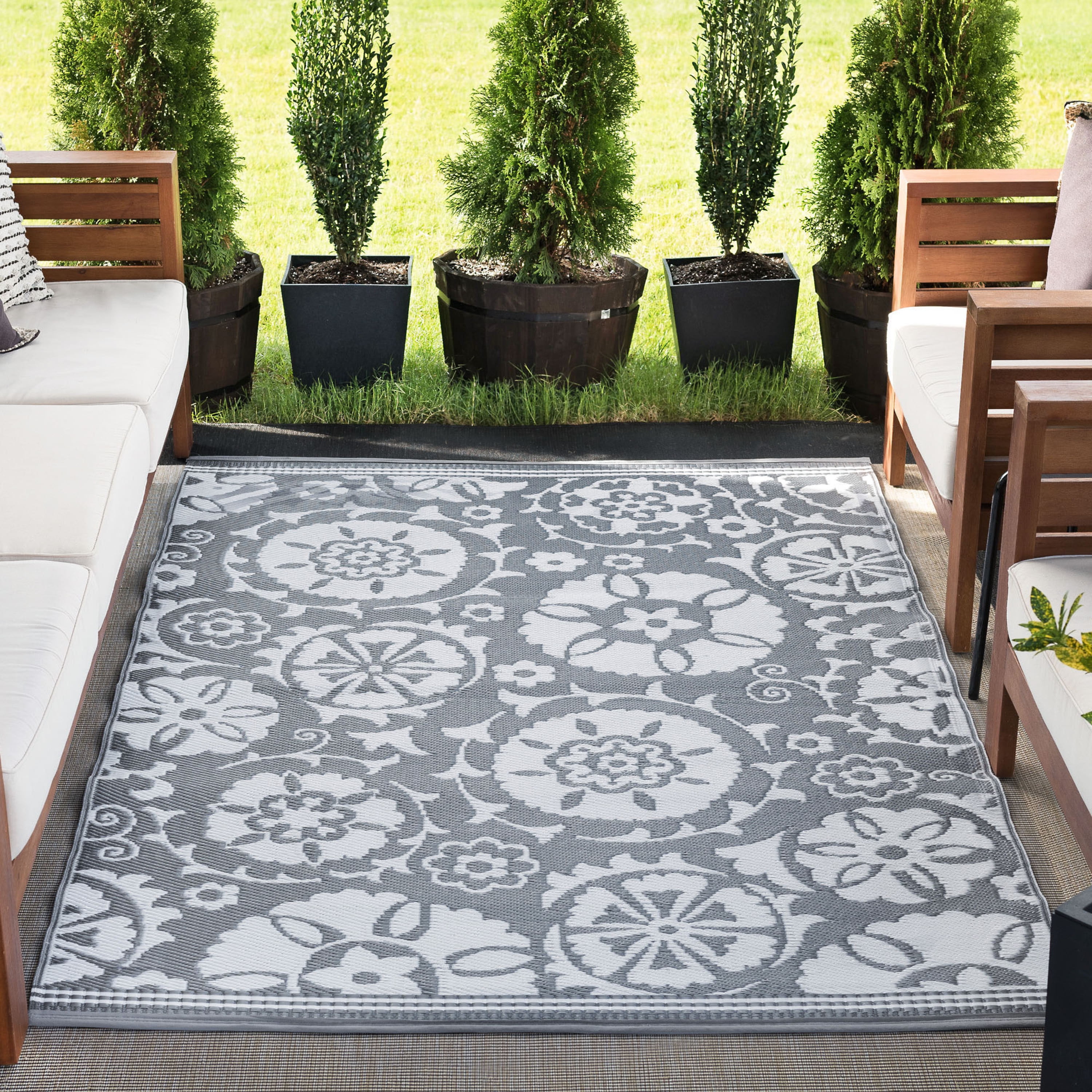 5x7 Waterproof, Reversible Plastic Straw Outdoor Rugs for Patios | Also for Camping, RV, Deck, Porch, Balcony, Camp, Patio | Gray, Floral | Size: 5' x 6'11''