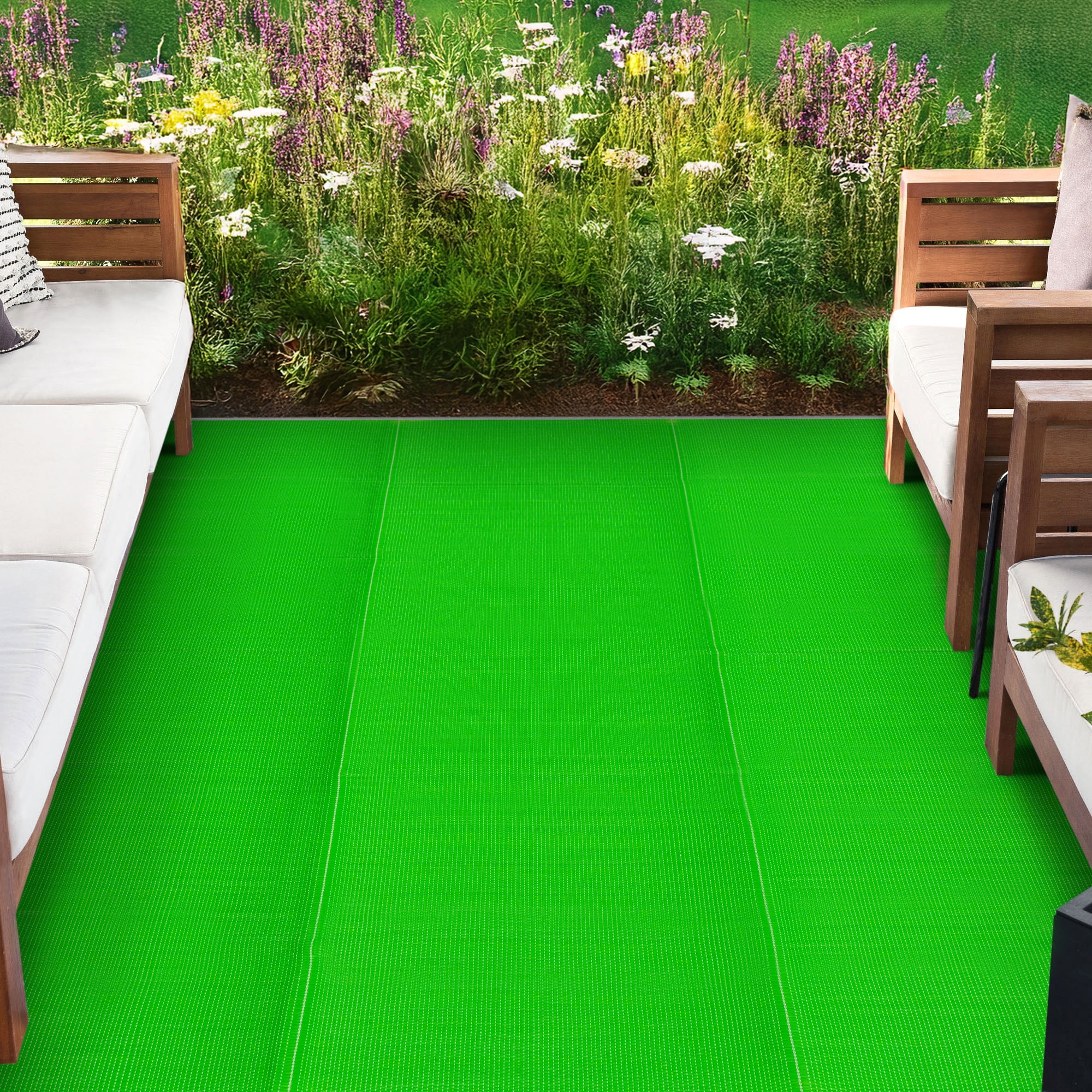 Luna Contemporary Solid Green Polypropylene Reversible Plastic Straw Outdoor Area Rug, 5'x7' Rectangle