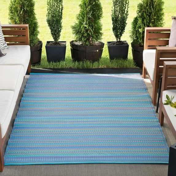 5x7 Waterproof, Reversible Plastic Straw Outdoor Rugs for Patios | Also for Camping, RV, Deck, Porch, Balcony, Camp, Patio | Multi-Color, Stripe | Size: 5' x 6'11''