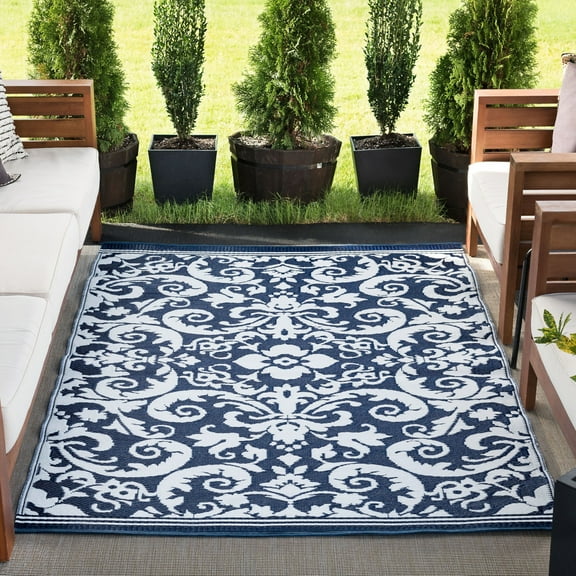 5x7 Waterproof, Reversible Plastic Straw Outdoor Rugs for Patios | Also for Camping, RV, Deck, Porch, Balcony, Camp, Patio | Navy, Scroll | Size: 5' x 6'11''
